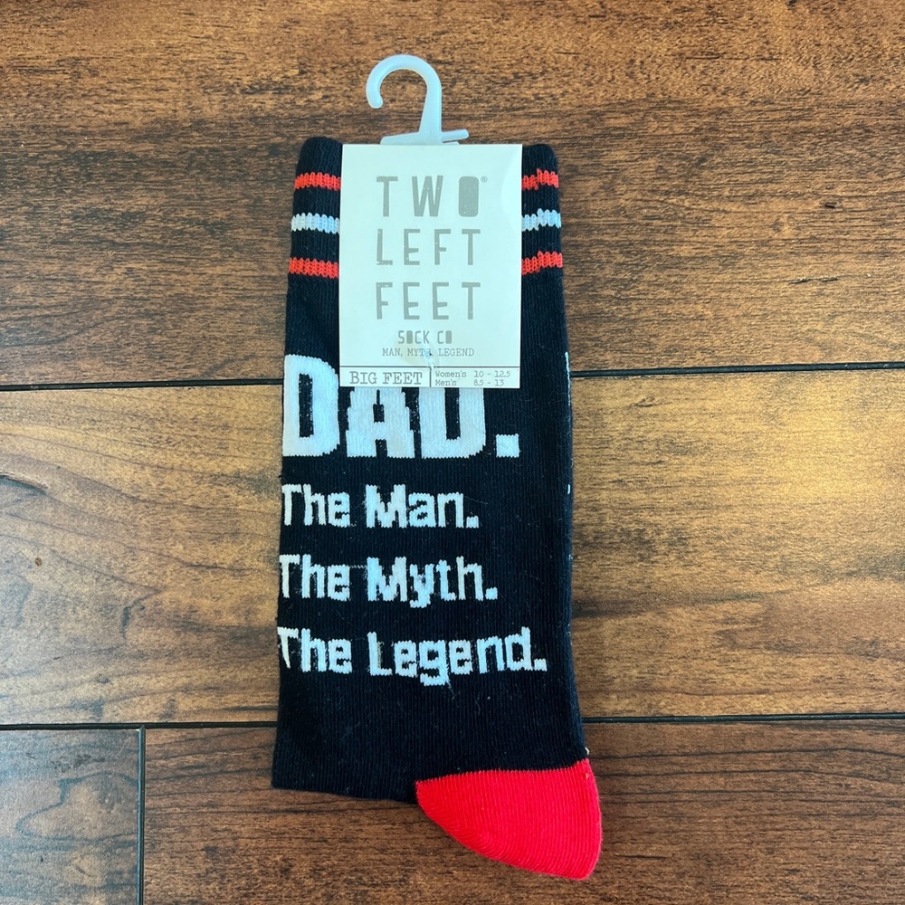 Two Left Feet Man Myth Legend Big Feet Socks Novelty Black Red White Nwt
